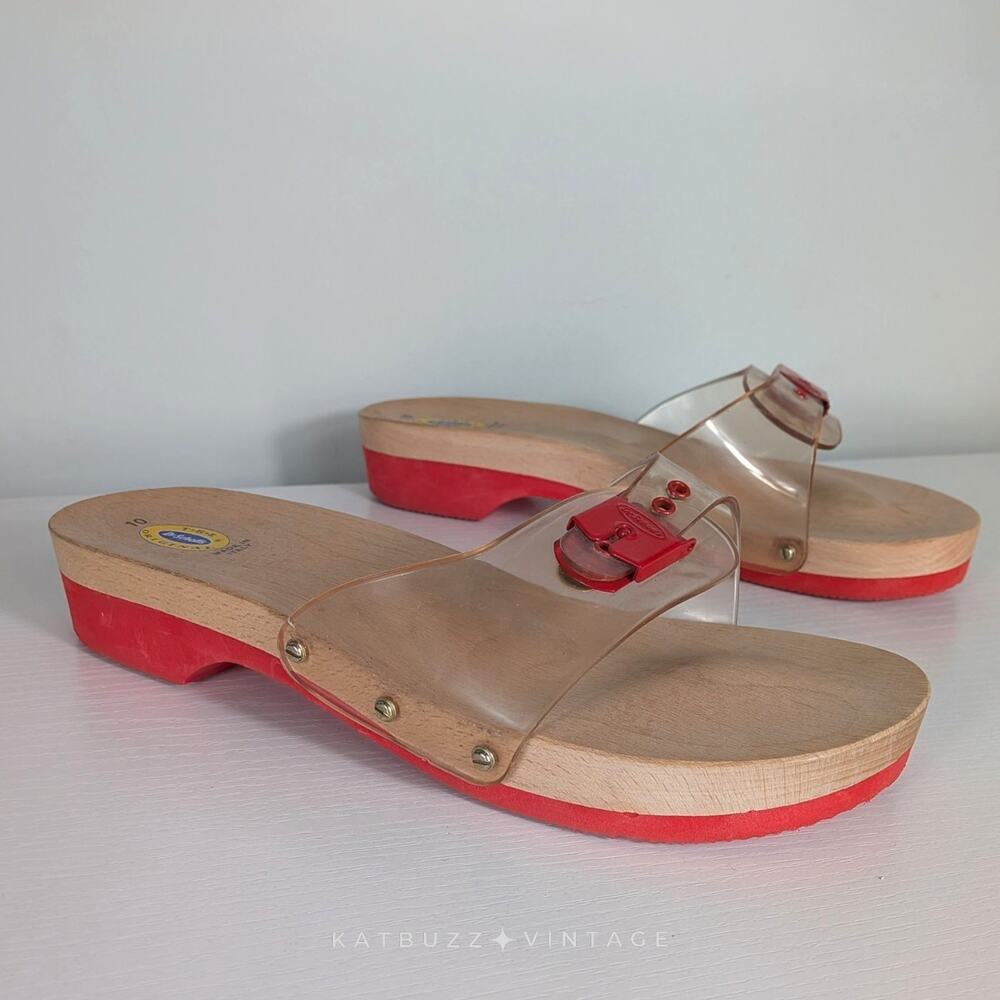 Dr Scholls Exercise Sandals 10 Clear Red Wooden Leather Italy Buckle PVC Y2K